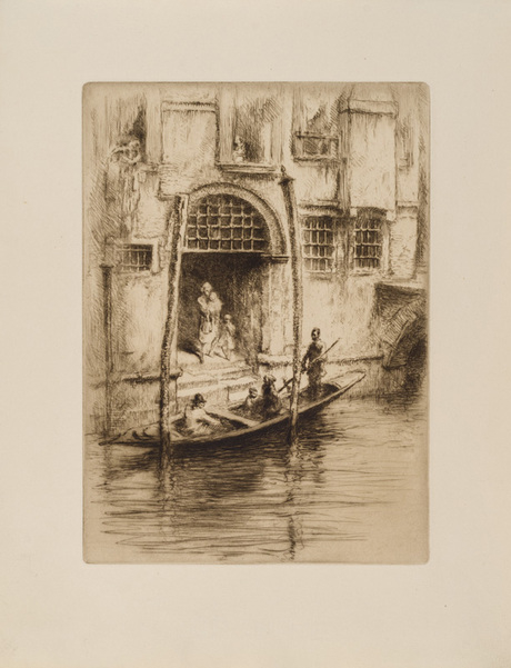 Գոնդոլը պալատի դռան առաջ (Մ. Բարեսի «Վենետիկի մահը» գրքի նկարազարդում)