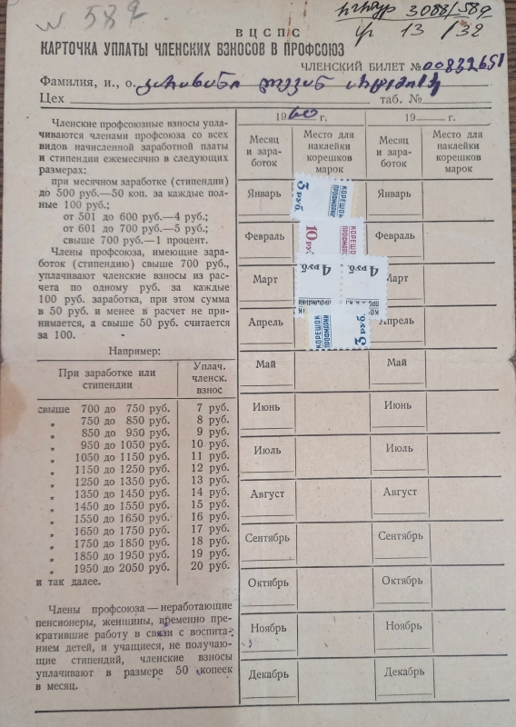 Արհմիության տոմս՝ տրված Լևոն Արտեմի Կարախանին,հաշվառման քարտ