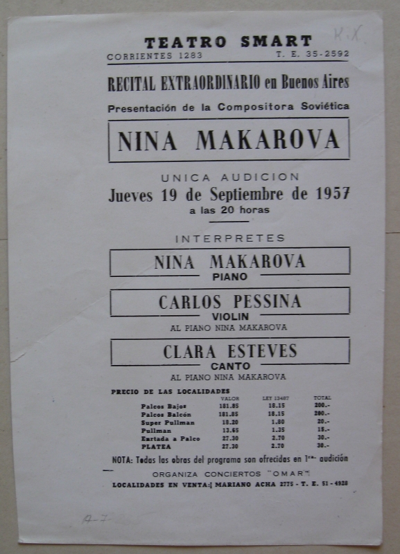 Ծրագիր՝ կոմպոզիտոր Նինա Մակարովայի (Արամ Խաչատրյանի կնոջ) հեղինակային համերգի. «Սմարթ թատրոն» (“Teatro Smart”), Բուենոս Այրես,19 սեպտեմբերի, 1957 թ.: