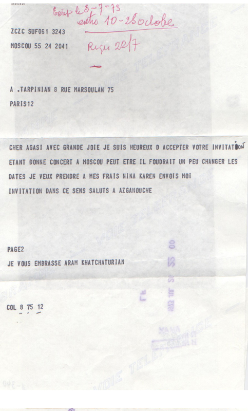Հեռագիր Ա. Խաչատրյանից՝  Ֆրանսիայում բնակվող իր ընկեր Աղասի Դարբինյանին: 