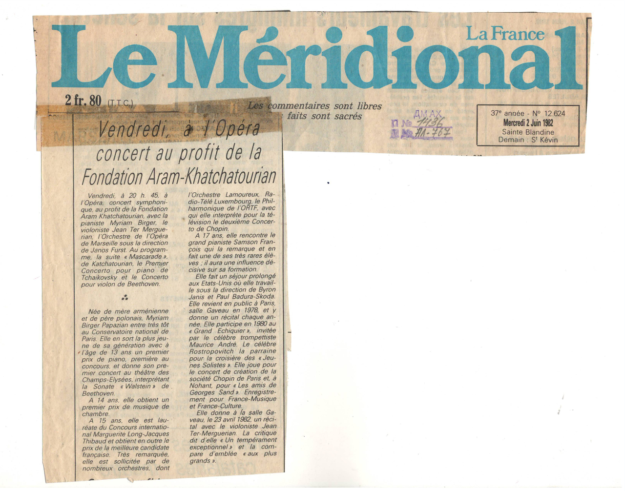 Գրառում՝  «Vendredi à Opera consert am protit de la Fondation Aram Khatchatourian»՝ «de Méridional» թերթում