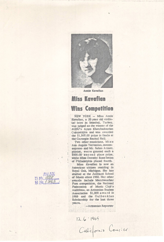 Հոդված՝ «Օրիորդ Կաֆաֆյանը Խաչատրյանի անվան մրցույթի հաղթողն է» «California courier» թերթում