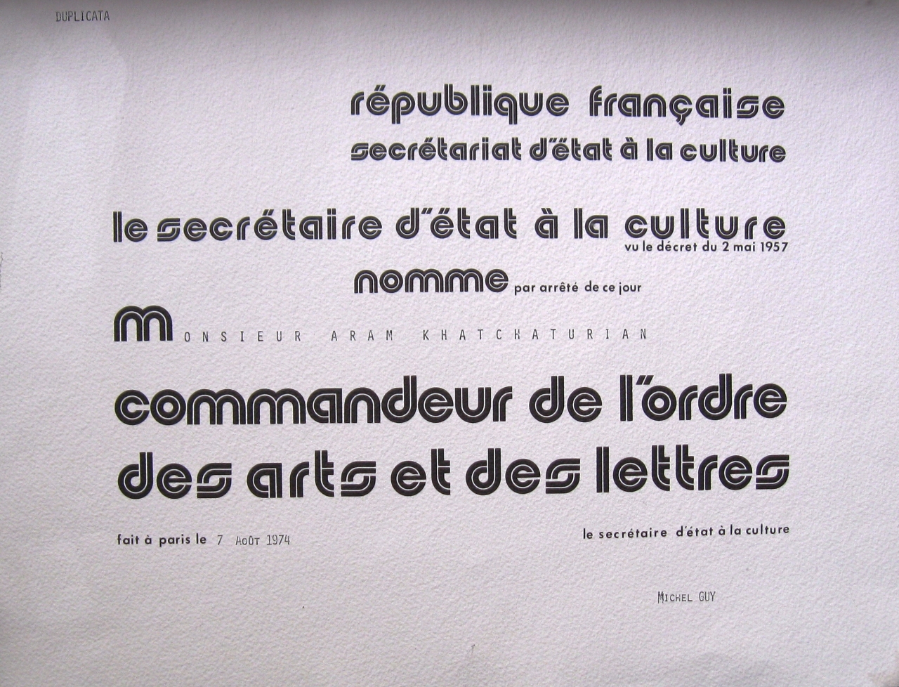Դիպլոմ՝ Ֆրանսիայի Կոմանդորի կոչման տիտղոսի շքանշանի՝ շնորհված Ա.Խաչատրյանին   «Երաժշտարվեստում ունեցած  վաստակի համար»: