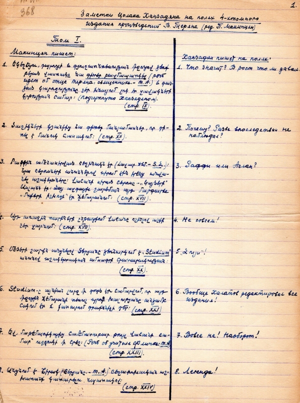 «Заметки Цолака Ханзадяна на полях 4-х томного издания произведений В. Теряна»