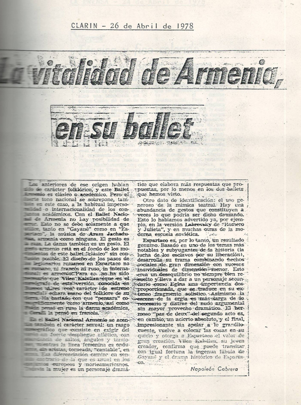 Հոդված՝ «La vitalidad de Armenia, en su ballet «Clarin» «La Pausa» օրաթերթում