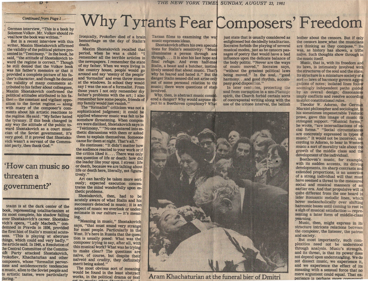 Հոդված՝ «Ինչու են բռնապետերը վախենում կոմպոզիտորների ստեղծագործական ազատությունից»՝ «New York times» թերթում