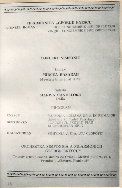 Նեգատիվ՝ Բուխարեստում Ջ. Էնեսկուի անվ. ֆիլհարմոնիկ դահլիճում տեղի ունեցած սիմֆոնիկ համերգի ծրագրի լուսանկարի   