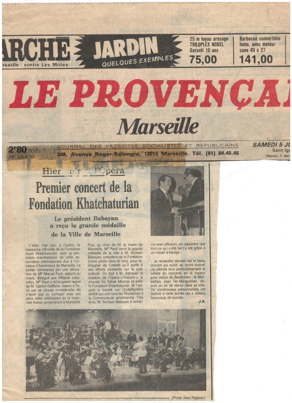 Հոդված՝ «Premier concert de la Fondation Aram Khatchatourian»՝ «Le Provengal» թերթում