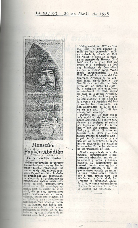 Հոդված՝ «Monseñor Papken Abadian» «La Nación» օրաթերթում