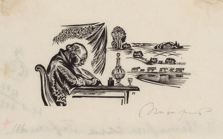Գորյուխինո գյուղի պատմությունը (Մարդը` սեղանի առաջ գրելիս). Պուշկինի "Բելկինի պատմվածքների" նկարազարդում 