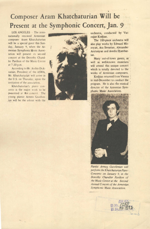 Հոդված՝ «Արամ Խաչատրյանը ներկա է գտնվելու սիմֆոնիկ համերգի, հունվարի 9-ին» ամերիկյան մամուլում