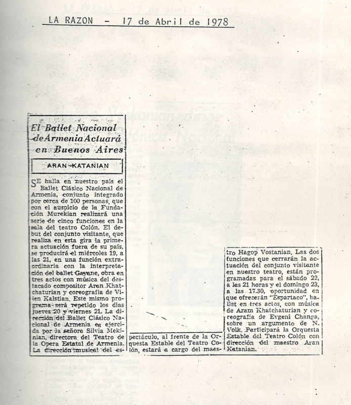 Հոդված՝ «El Ballet Nacional de Armenia Actuara΄en Buenos Aires» «La Razón» օրաթերթում