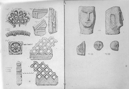 Սևապակի՝ պատի հարդարանքի բեկորների և արձանների գլուխների գծապատկերներով