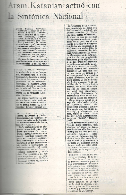 Հոդված՝ «Aram Katanian actuó con la Sinfónica nacional» «La Nación» օրաթերթում