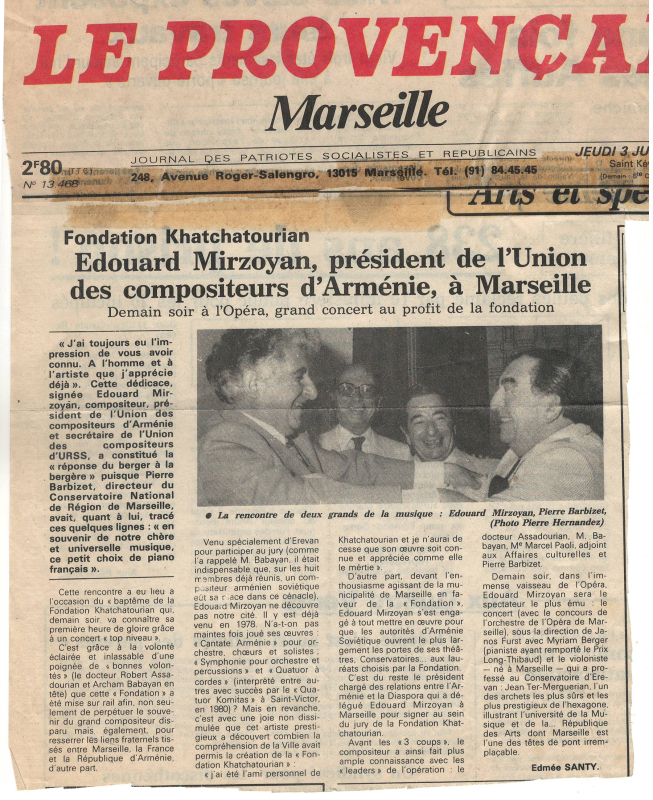 Հոդված՝ «Edouard Mirzoyan, prezident de l'Union des compositeurs d' Armenie, à Marseille»՝ «de Provencal» թերթում
