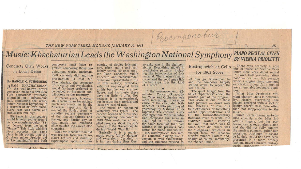 Հոդված «Խաչատրյանը ղեկավարում է Վաշինգտոնի ազգային սիմֆոնիկ նվագախումբը»՝ «Նյու-Յորք թայմս» թերթում