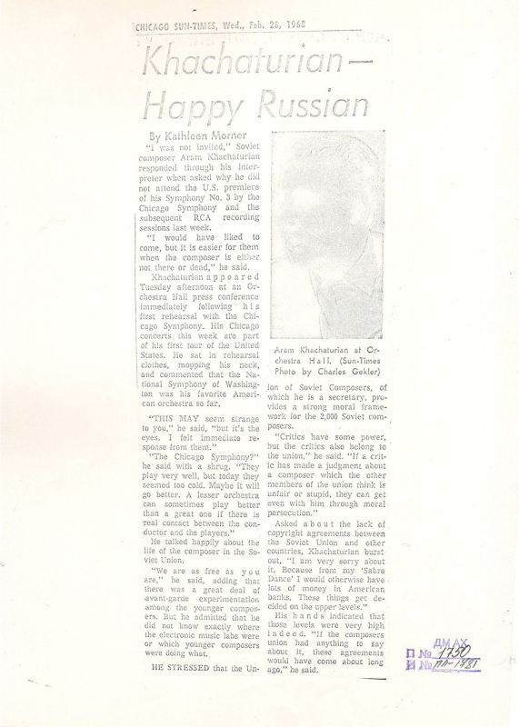Հոդված՝ «Խաչատրյանը երջանիկ ռուս է» «Chicago sun-times» թերթում