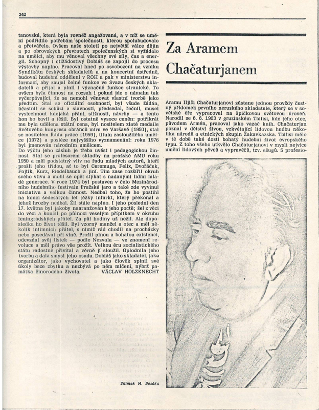 Հոդված՝ «Za Aramem Chačaturjanem» («Արամ Խաչատրյանի համար») և ցավակցական հեռագիր Չեխոսլովակիայի կոմպոզիտորների միությունից