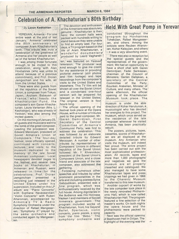 Հոդված՝ «Խաչատրյանի ծննդյան 80-ամյակը Երևանում անցավ մեծ հանդիսավորությամբ» «The Armenian Reporter» թերթում