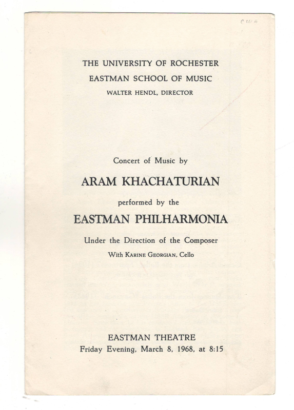 Ծրագիր՝ Ա. Խաչատրյանի հեղինակային համերգի Ռոչեստեր քաղաքի (ԱՄՆ)  «Իստմենյան» ֆիլհարմոնիայում