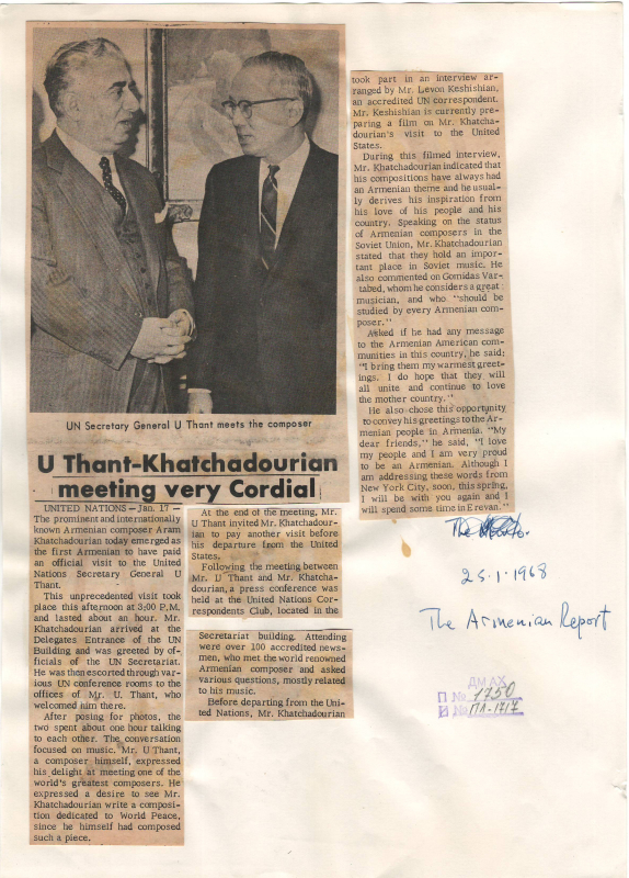 Հոդված՝ «Ա.Խաչատրյանի մտերմիկ հանդիպումը Ու Թանի հետ» «The Armenian Reporter» թերթում