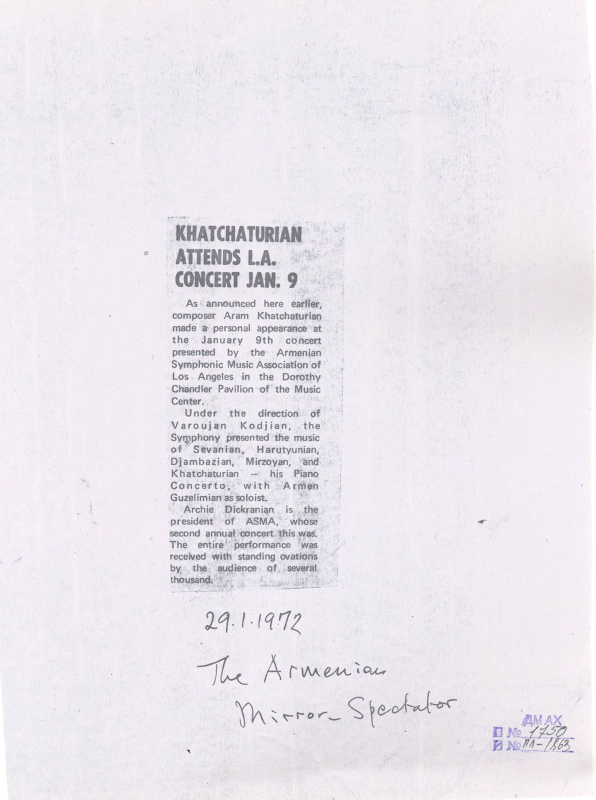 Հոդված՝ «Խաչատրյանը ներկա է հունվարի 9-ին Լոս-Անջելեսում կազմակերպված համերգին» «The Armenian Mirror spectator» թերթում