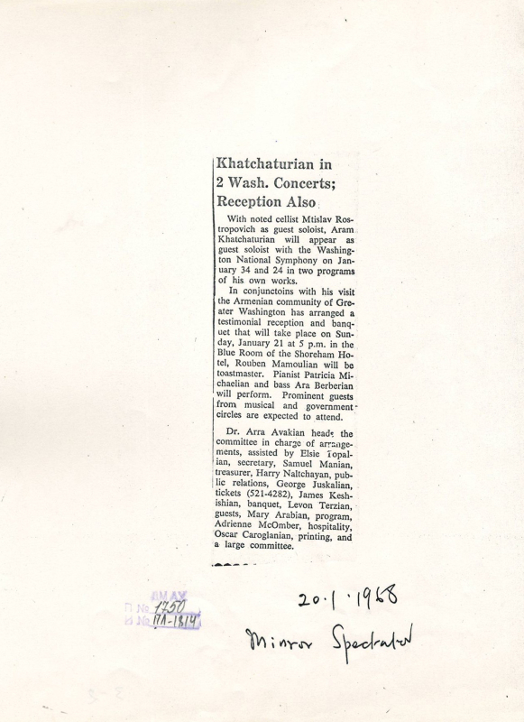 Հոդված՝ «Խաչատրյանի երկու համերգները Վաշինգտոնում; ընդունելություն» «The Armenian Mirror spectator» թերթում
