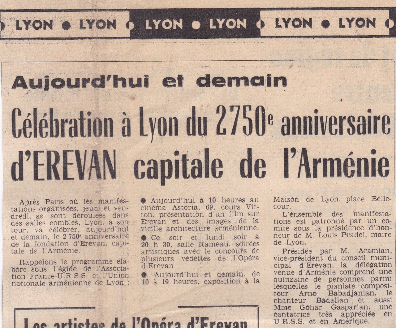 Célébration à Lyon du 2750 e anniversaire d’Erevan capitale de l’Arménie