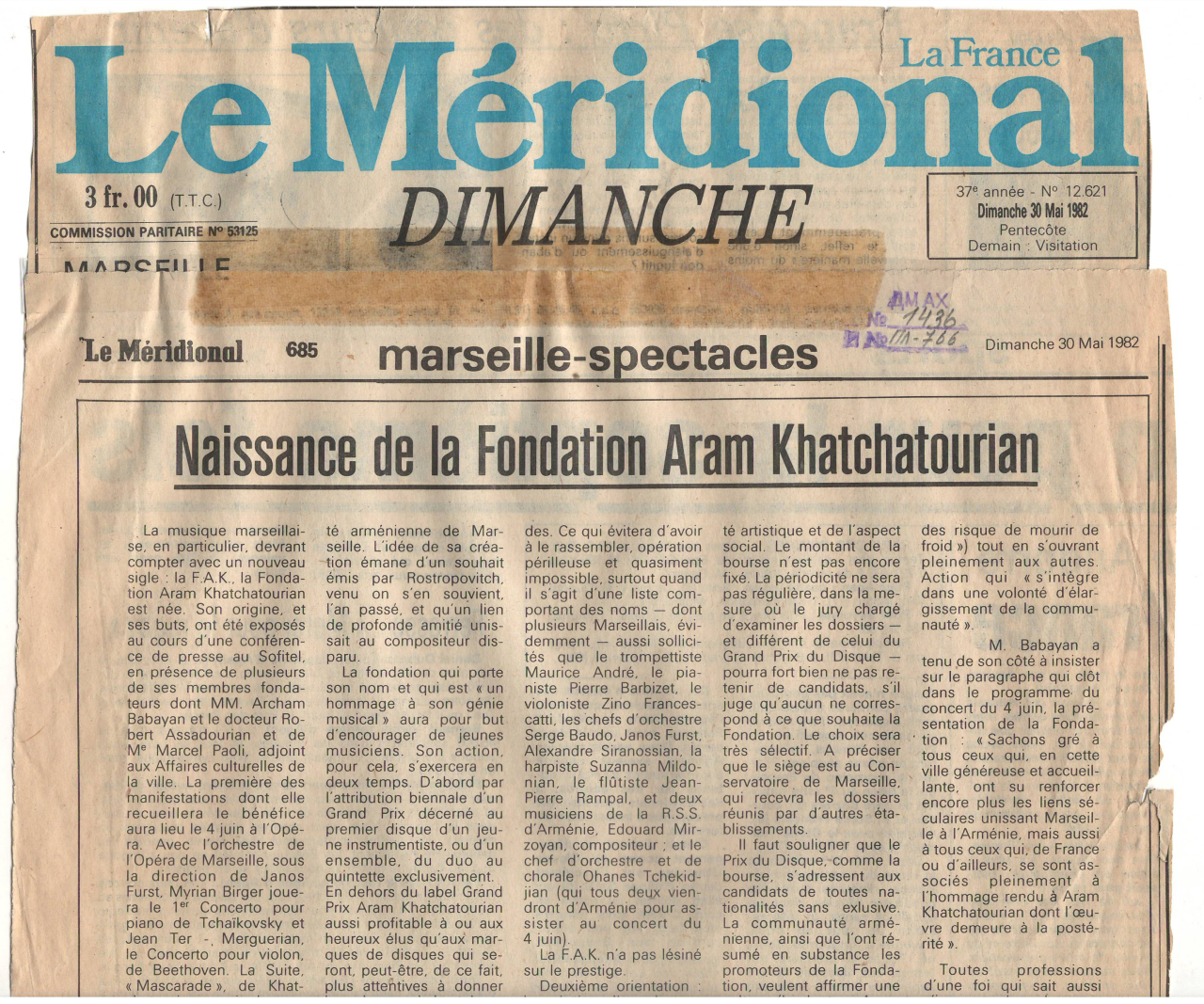 Հոդված՝  «Naissance de la Fondation Aram Khatchatourian»՝ «de Méridional» թերթում