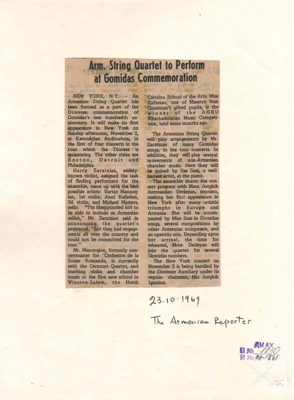 Հոդված՝ «Հայկական լարային քառյակը նշում է Կոմիտասի հոբելյանը» «The Armenian Reporter» թերթում