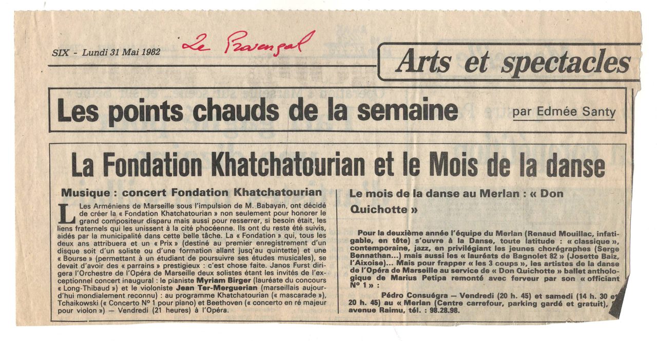 Գրառում՝ «La Fondation Khatchatourian et le Mois de la danse»՝ «La Provengal» թերթում