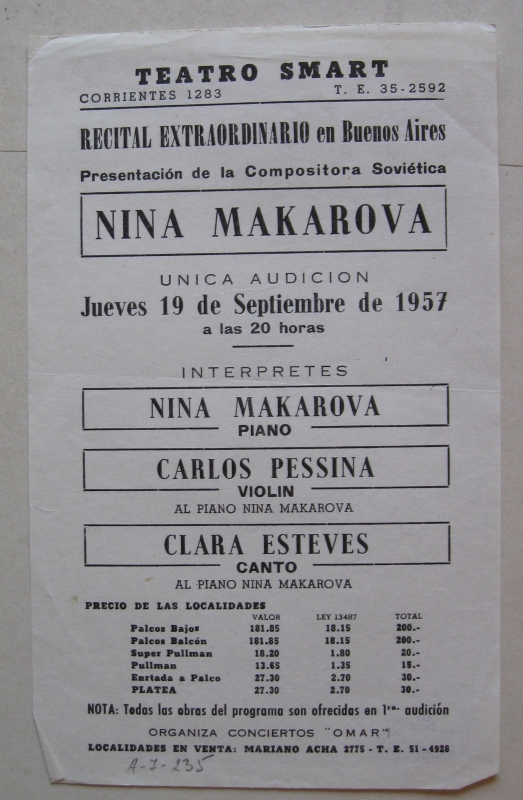 Ծրագիր՝ կոմպոզիտոր Նինա Մակարովայի (Արամ Խաչատրյանի կնոջ) հեղինակային համերգի. «Սմարթ թատրոն» (“Teatro Smart”), Բուենոս Այրես, 19 սեպտեմբերի, 1957 թ.:
