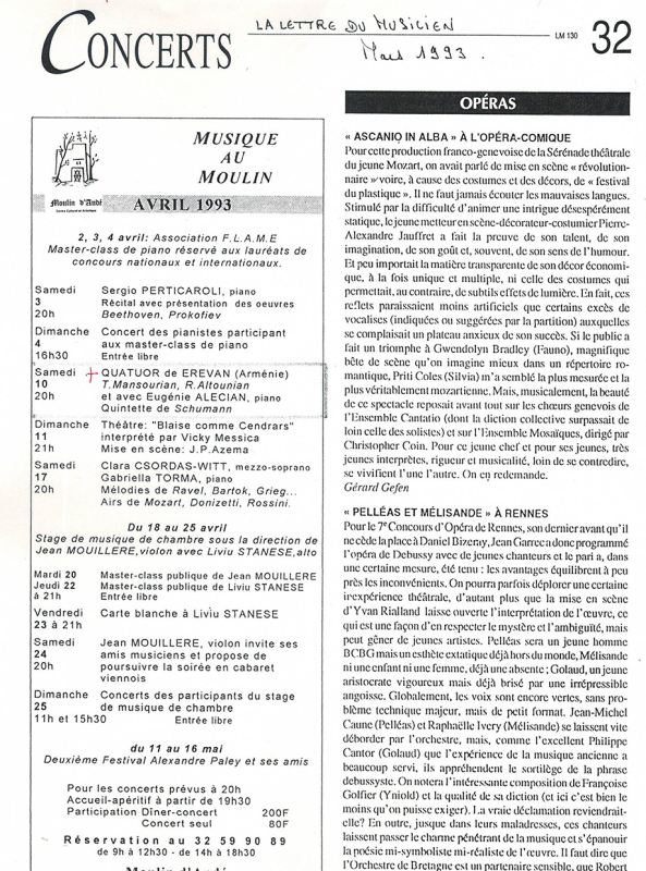 Հայտարարություն՝ ֆրանսիական «La Lettre du musicien» թերթում