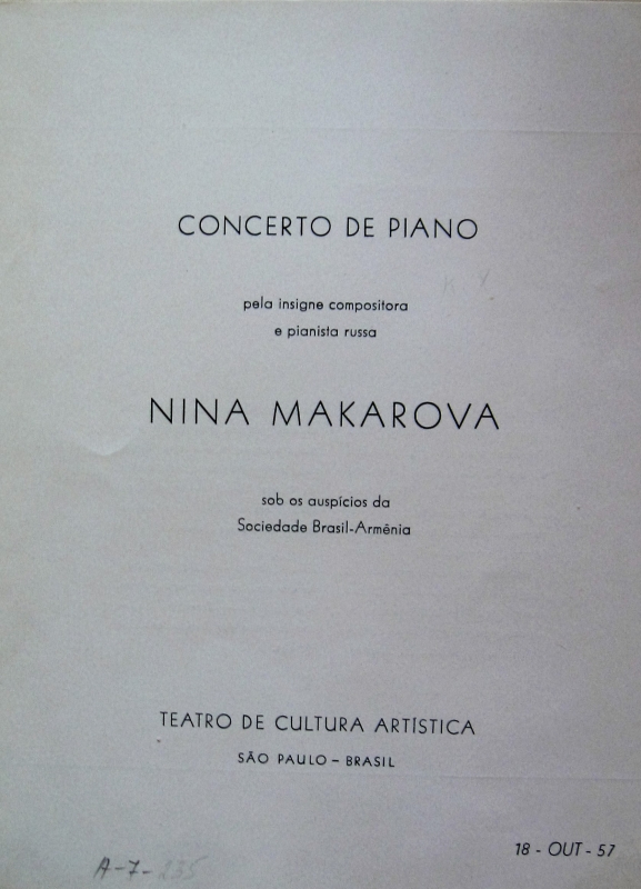 Ծրագիր՝ Նինա Մակարովայի (Արամ Խաչատրյանի կնոջ) հեղինակային համերգի, Սան Պաուլո, 1957 թ.: