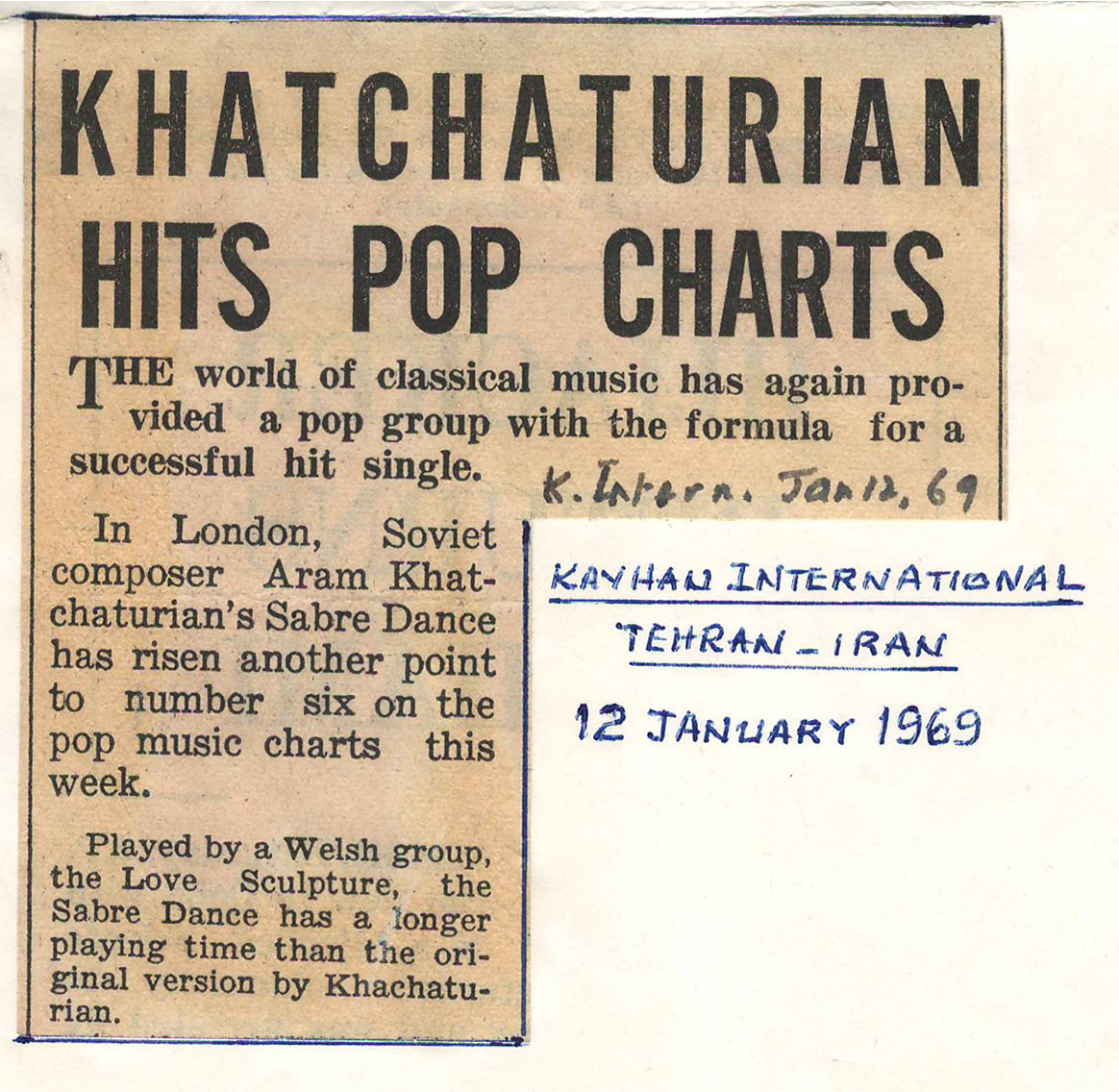 Հոդված «Խաչատրյանի երաժշտությունը pop երաժշտության մեկնաբանությամբ»՝ «Kayhan International» թերթում (Թեհրան)